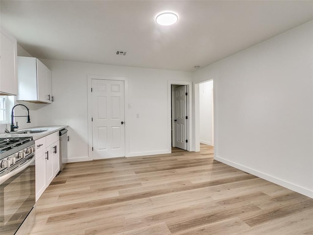 kitchen featuring sink, white cabinets, light hardwood / wood-style flooring, and appliances with stainless steel finishes