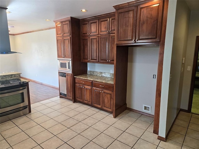 kitchen with light stone countertops, stainless steel appliances, extractor fan, crown molding, and light tile patterned flooring