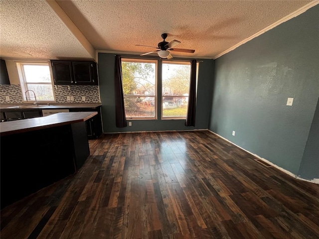 kitchen with dark hardwood / wood-style floors, ceiling fan, ornamental molding, a textured ceiling, and tasteful backsplash