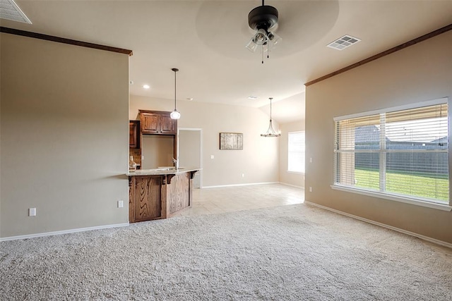 4536 Oasis Ct, Yukon, OK 73099 - unfurnished living room with ceiling fan, light colored carpet, baseboards, vaulted ceiling, and recessed lighting