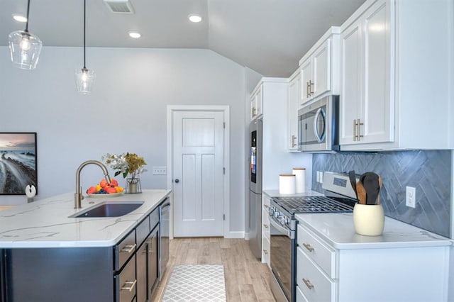 kitchen with white cabinets, sink, hanging light fixtures, decorative backsplash, and stainless steel appliances