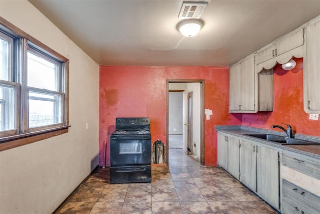 kitchen featuring sink, black / electric stove, and a wood stove