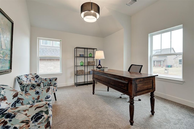 view of carpeted home office