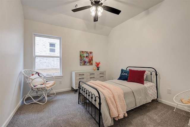 carpeted bedroom featuring lofted ceiling and ceiling fan