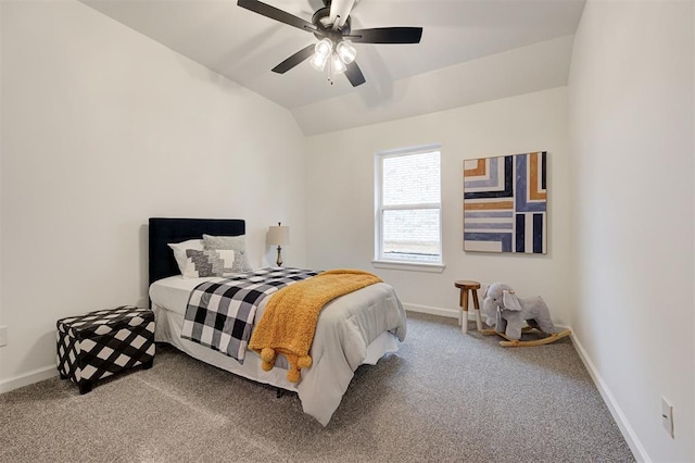 bedroom with lofted ceiling, carpet floors, and ceiling fan