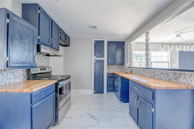 kitchen featuring electric range, blue cabinets, sink, and wooden counters