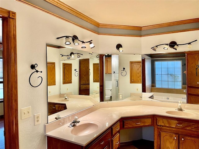 bathroom with vanity and ornamental molding