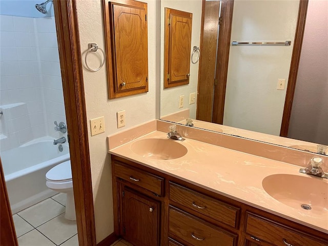 full bathroom featuring tile patterned flooring, vanity,  shower combination, and toilet