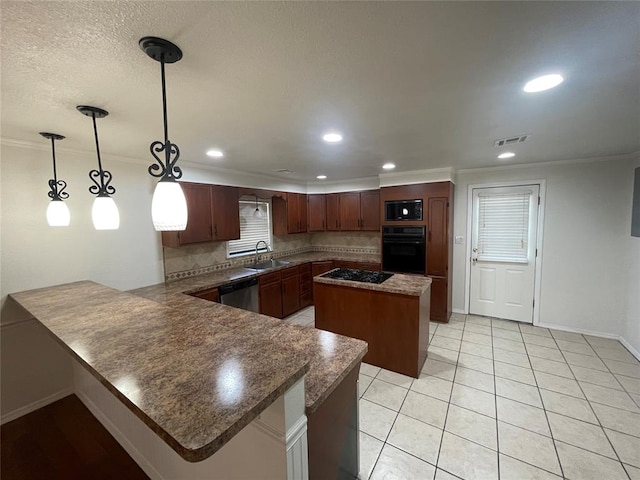 kitchen with decorative backsplash, black gas stovetop, decorative light fixtures, dishwasher, and a kitchen island