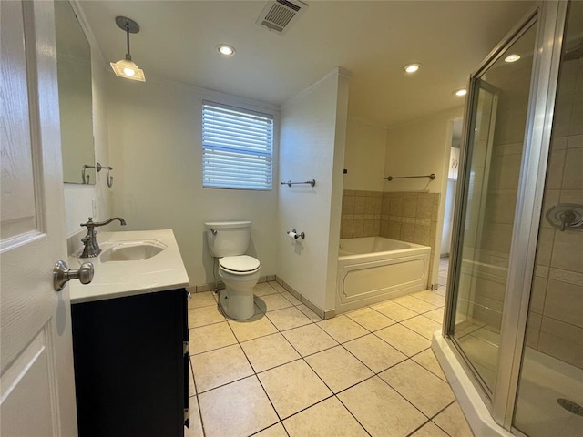 full bathroom featuring crown molding, tile patterned flooring, vanity, and toilet