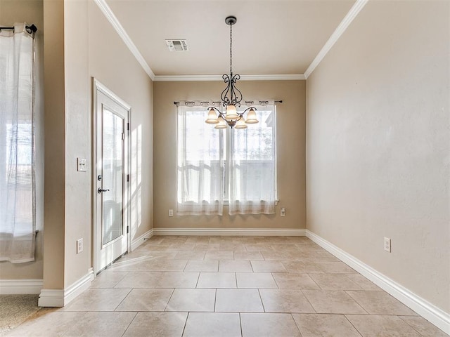 unfurnished dining area with ornamental molding, light tile patterned floors, and a chandelier