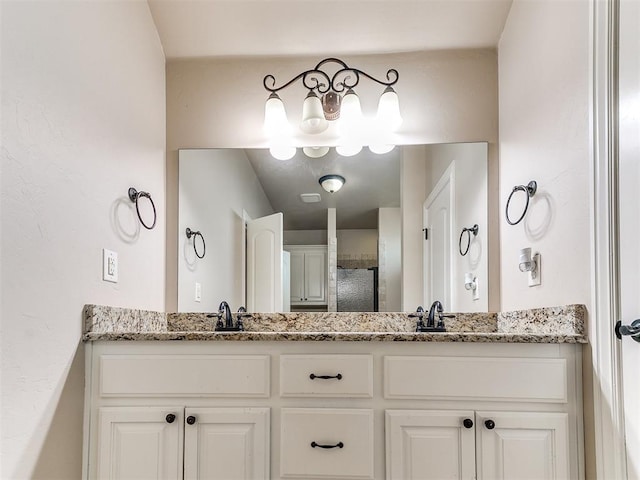 bathroom featuring vanity and a shower with shower door