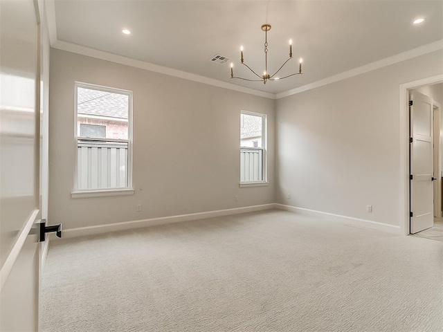 16413 Burgundy E Dr, Edmond, OK 73013 - empty room featuring a chandelier, crown molding, baseboards, light carpet, and recessed lighting