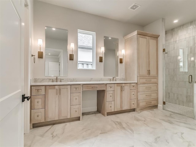 16413 Burgundy E Dr, Edmond, OK 73013 - bathroom with double vanity, a stall shower, marble finish floors, and recessed lighting