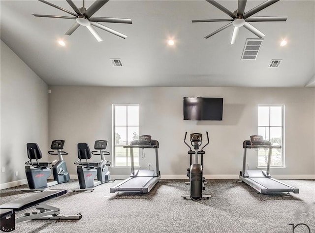 16413 Burgundy E Dr, Edmond, OK 73013 - gym with ceiling fan, baseboards, vaulted ceiling, carpet flooring, and recessed lighting