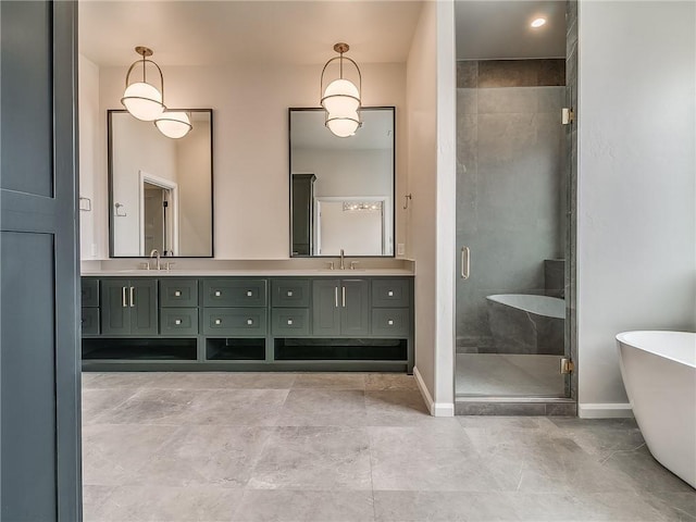 bathroom with plus walk in shower and vanity