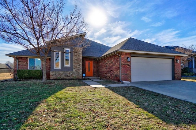 ranch-style house with a garage and a front lawn