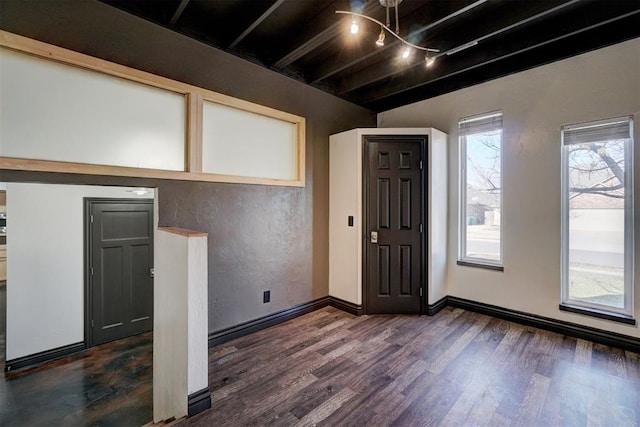 foyer entrance with dark hardwood / wood-style flooring and rail lighting