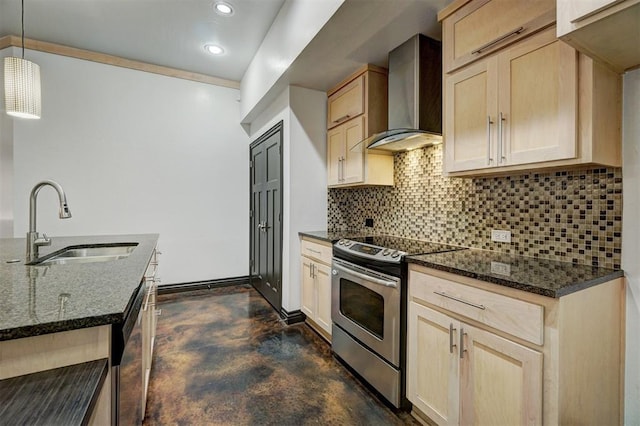 kitchen with sink, wall chimney exhaust hood, stainless steel appliances, pendant lighting, and light brown cabinetry