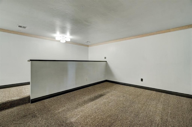 empty room with carpet flooring and crown molding