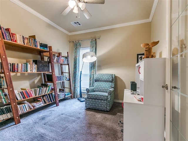 living area featuring carpet, ceiling fan, and ornamental molding