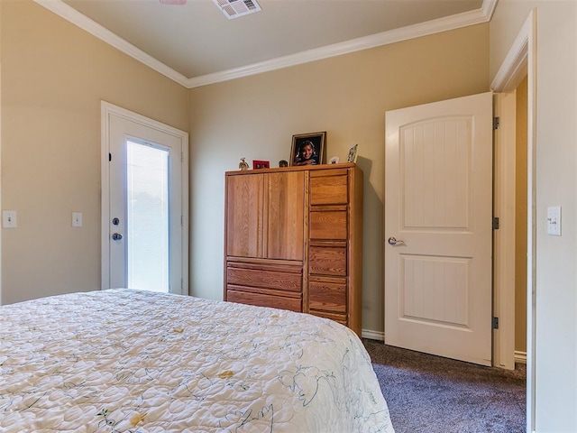 carpeted bedroom with crown molding