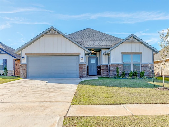 craftsman inspired home with a garage and a front lawn