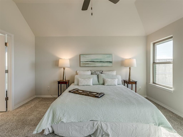 bedroom featuring ceiling fan, carpet floors, and lofted ceiling