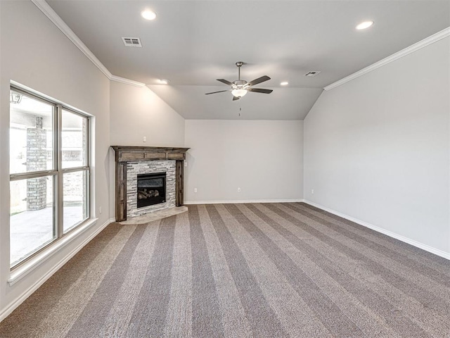 unfurnished living room with carpet, ceiling fan, crown molding, a fireplace, and lofted ceiling