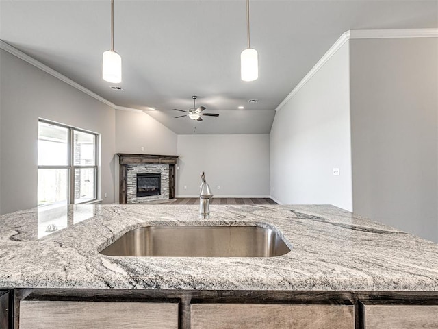 kitchen featuring hardwood / wood-style flooring, ceiling fan, crown molding, and sink