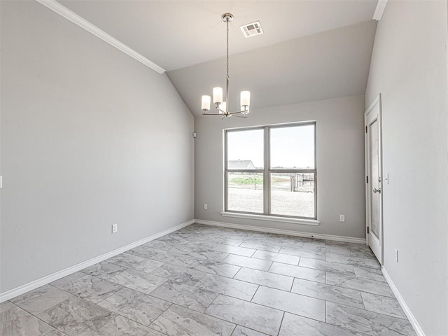 spare room with a chandelier, vaulted ceiling, and crown molding