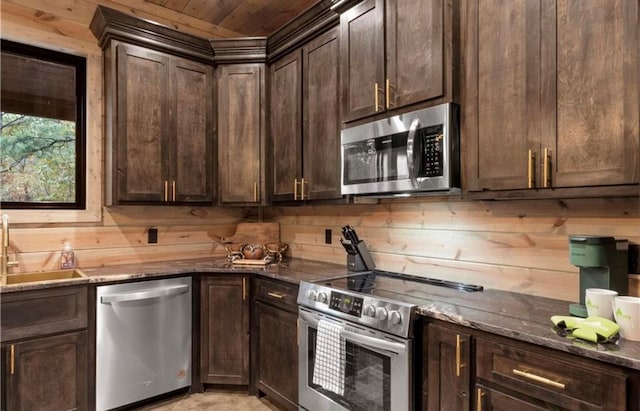 kitchen featuring sink, dark brown cabinetry, stainless steel appliances, and dark stone countertops