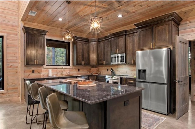 kitchen with wood walls, a kitchen island, hanging light fixtures, and appliances with stainless steel finishes