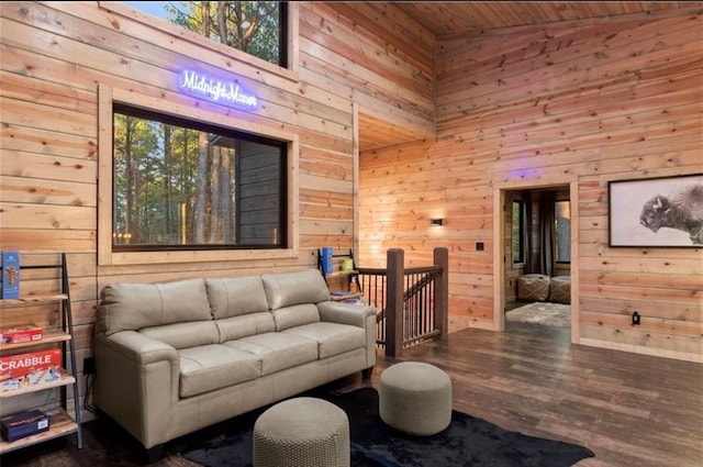 living room featuring wooden walls, dark hardwood / wood-style floors, and high vaulted ceiling