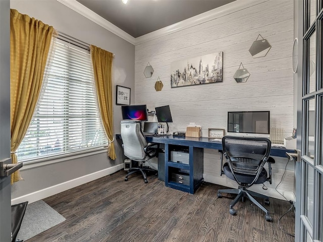 office area featuring wood walls, dark hardwood / wood-style flooring, and ornamental molding