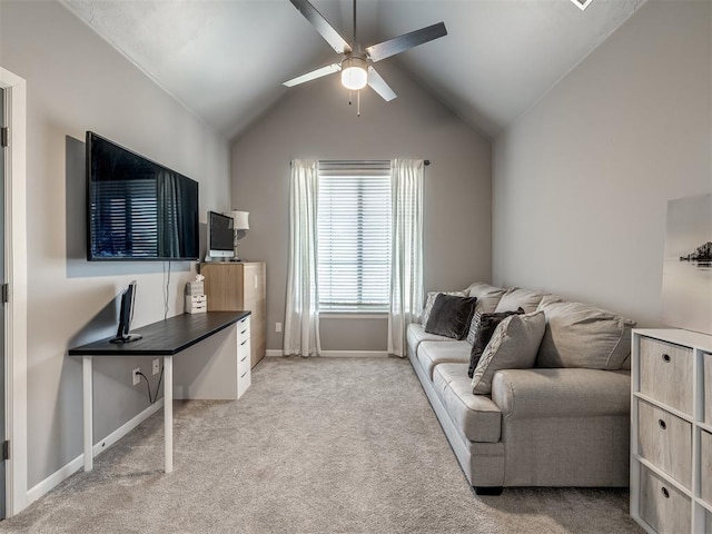 living room with light carpet, ceiling fan, and lofted ceiling