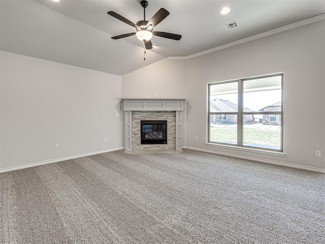 unfurnished living room with ornamental molding, carpet floors, ceiling fan, and lofted ceiling