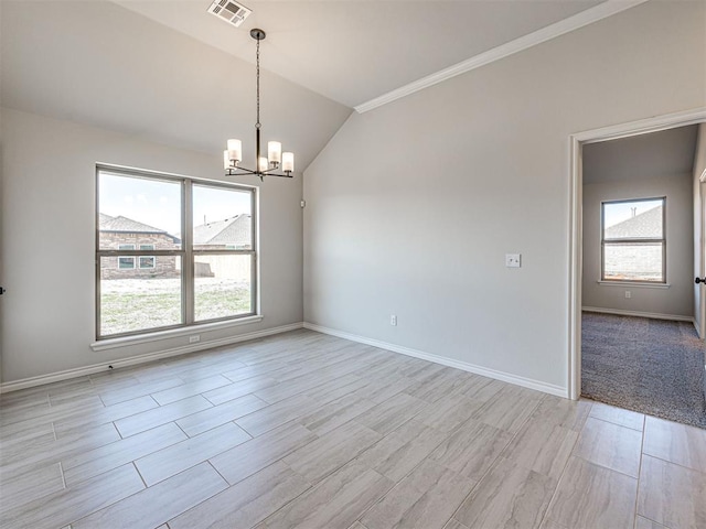 unfurnished room featuring a notable chandelier, light hardwood / wood-style flooring, and vaulted ceiling