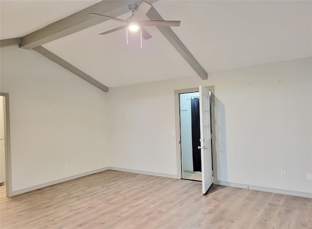 spare room featuring ceiling fan, light hardwood / wood-style floors, and lofted ceiling with beams