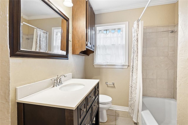 full bathroom featuring vanity, tile patterned floors, toilet, ornamental molding, and shower / bathtub combination with curtain