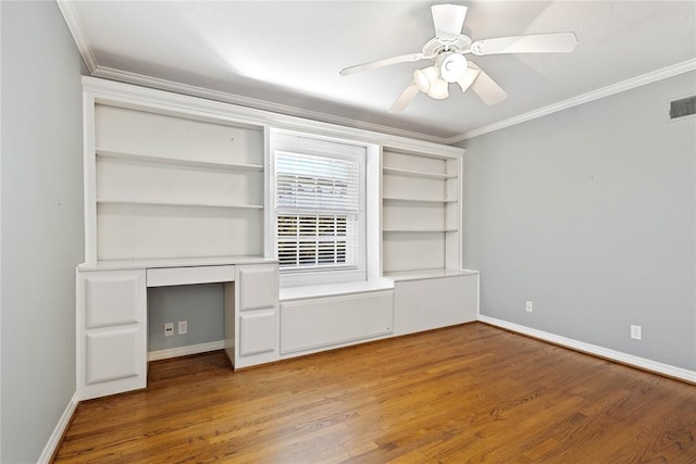 interior space with ceiling fan, hardwood / wood-style floors, and ornamental molding