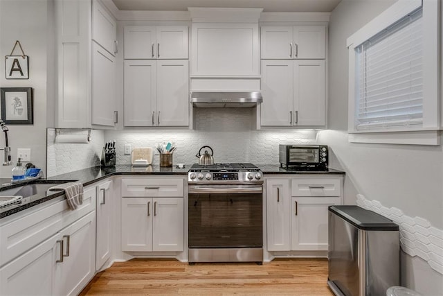 kitchen featuring white cabinetry, light wood-type flooring, and appliances with stainless steel finishes