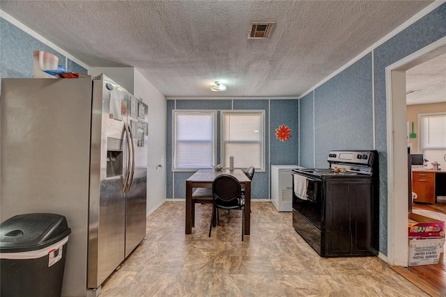 kitchen featuring stainless steel fridge with ice dispenser, black / electric stove, a textured ceiling, hardwood / wood-style flooring, and ornamental molding