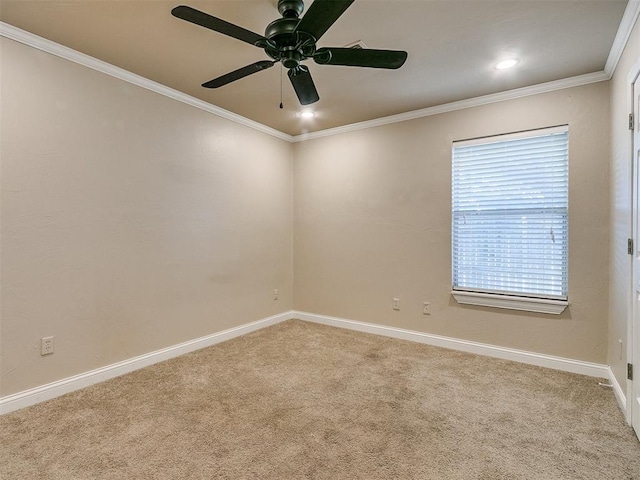 empty room with carpet flooring, ceiling fan, and ornamental molding