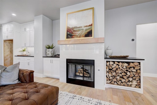 living room featuring a tile fireplace and light wood-type flooring