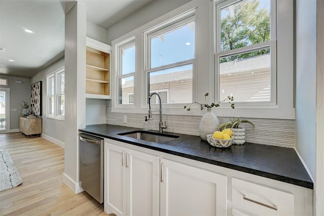 kitchen featuring sink, white cabinets, decorative backsplash, stainless steel dishwasher, and light wood-type flooring