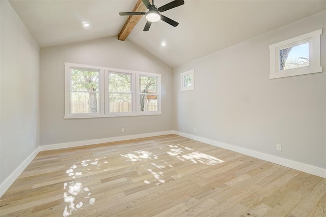 spare room featuring ceiling fan, lofted ceiling with beams, and light wood-type flooring