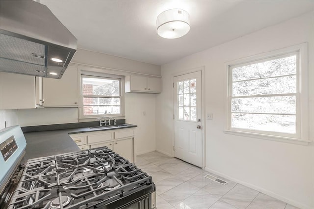 kitchen featuring plenty of natural light, ventilation hood, sink, and stainless steel gas range oven