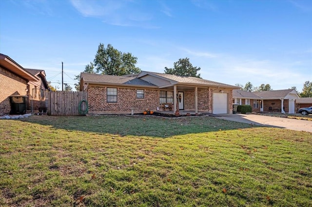 ranch-style house with a front yard and a garage