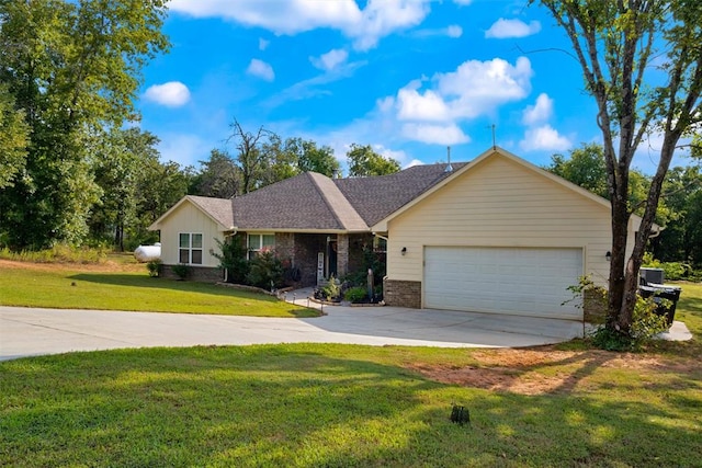 ranch-style house with brick siding, an attached garage, a front lawn, roof with shingles, and driveway